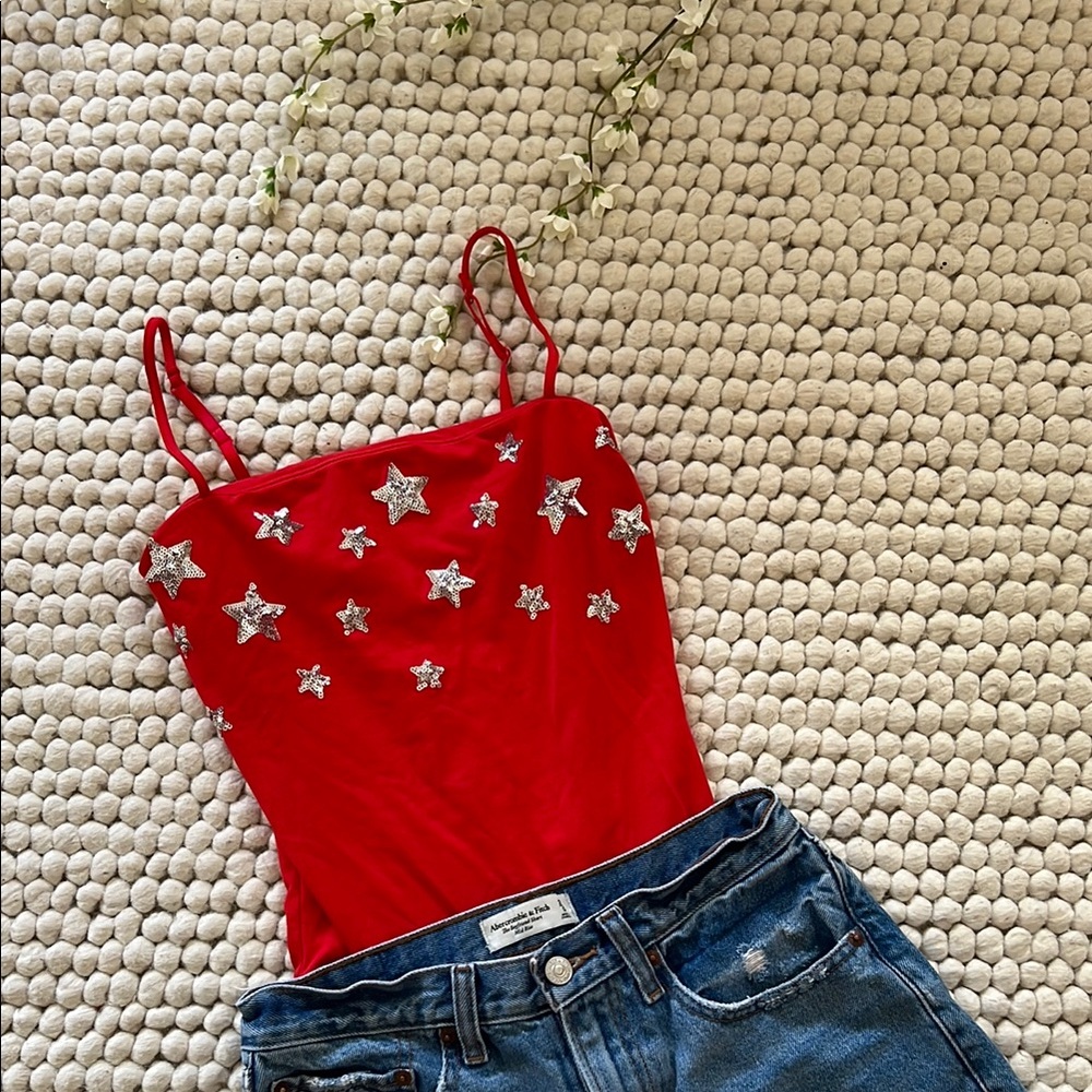 Express Red Embellished Fitted Bodysuit